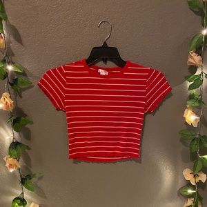 Red and white stripped lettuce cropped tee